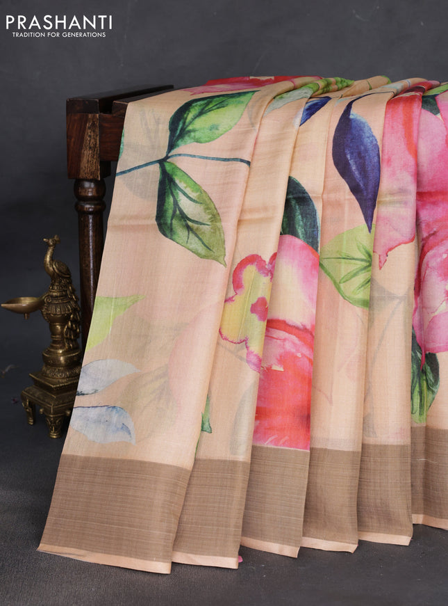 Pure tussar silk saree pale orange with floral digital prints and zari woven border