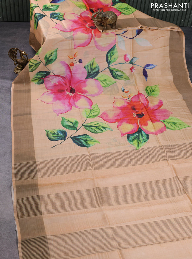 Pure tussar silk saree pale orange with floral digital prints and zari woven border