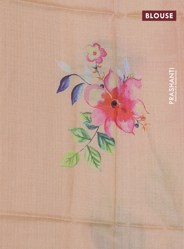 Pure tussar silk saree pale orange with floral digital prints and zari woven border
