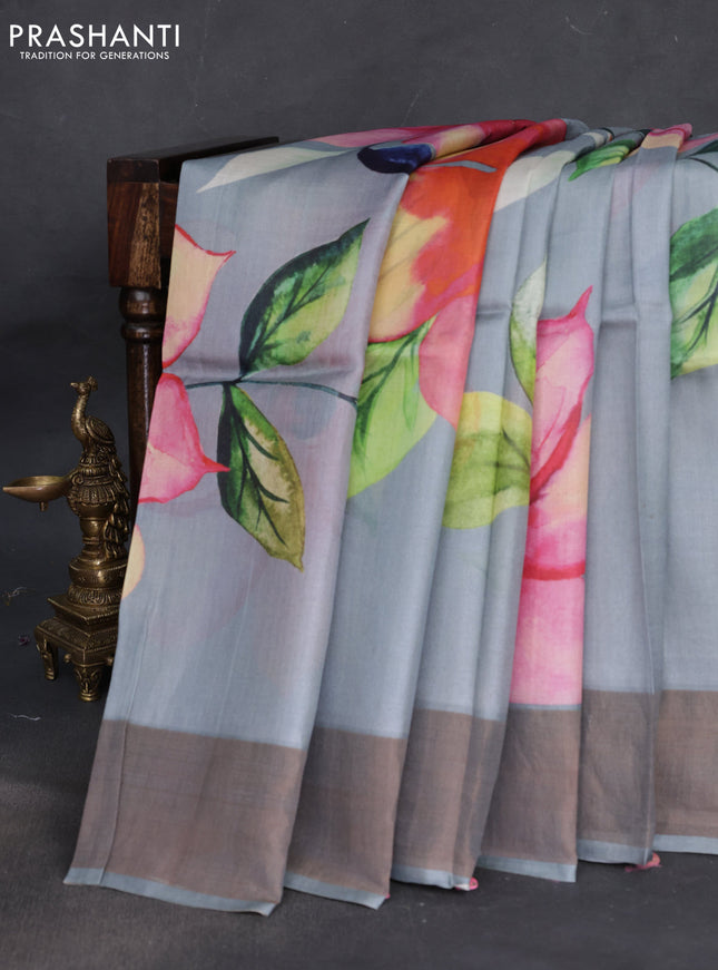 Pure tussar silk saree grey shade with floral digital prints and zari woven border