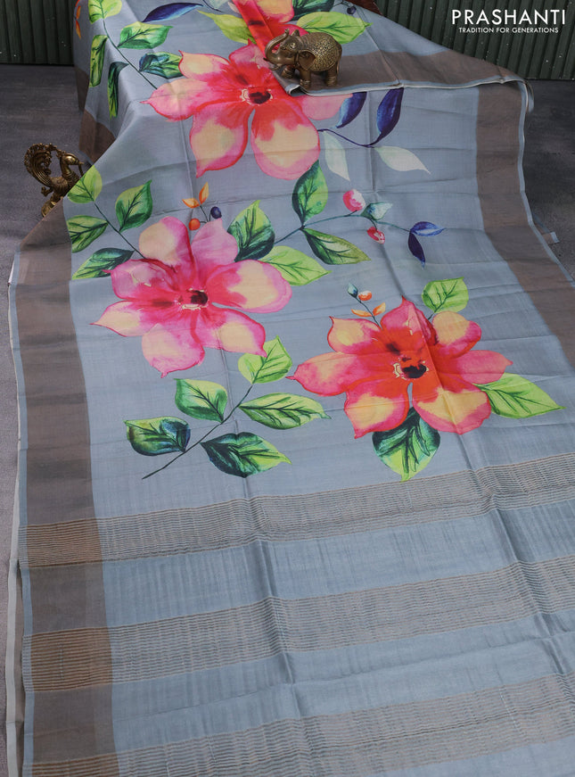 Pure tussar silk saree grey shade with floral digital prints and zari woven border
