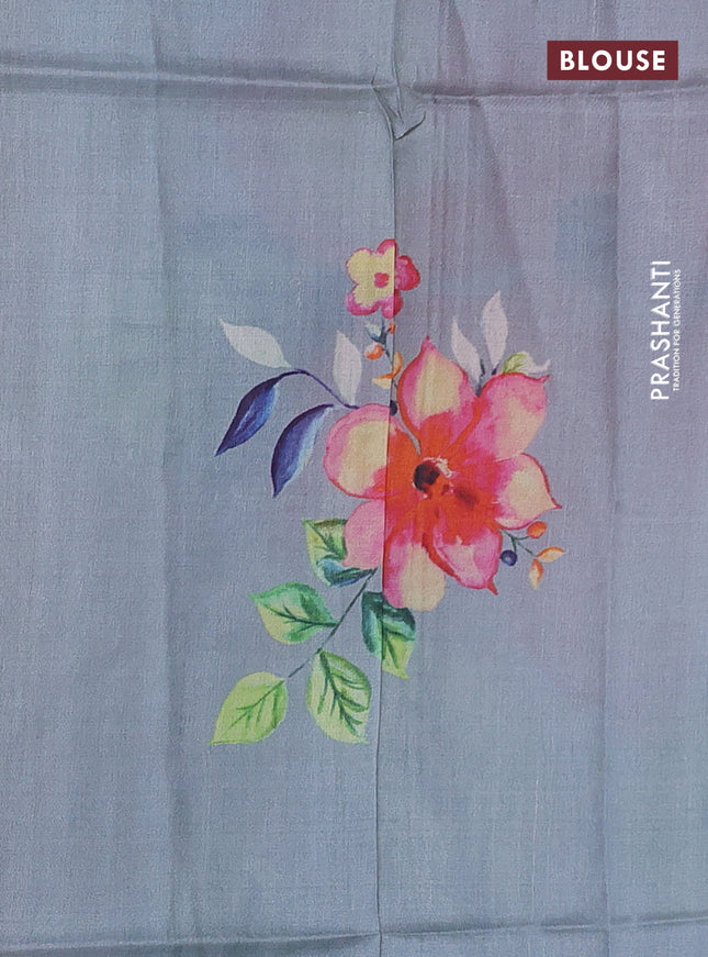 Pure tussar silk saree grey shade with floral digital prints and zari woven border