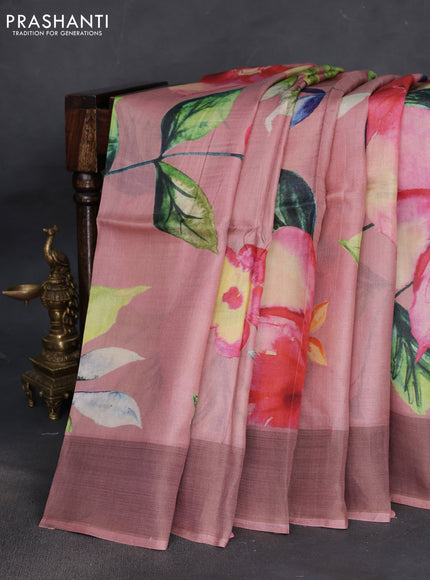 Pure tussar silk saree pastel pink with floral digital prints and zari woven border