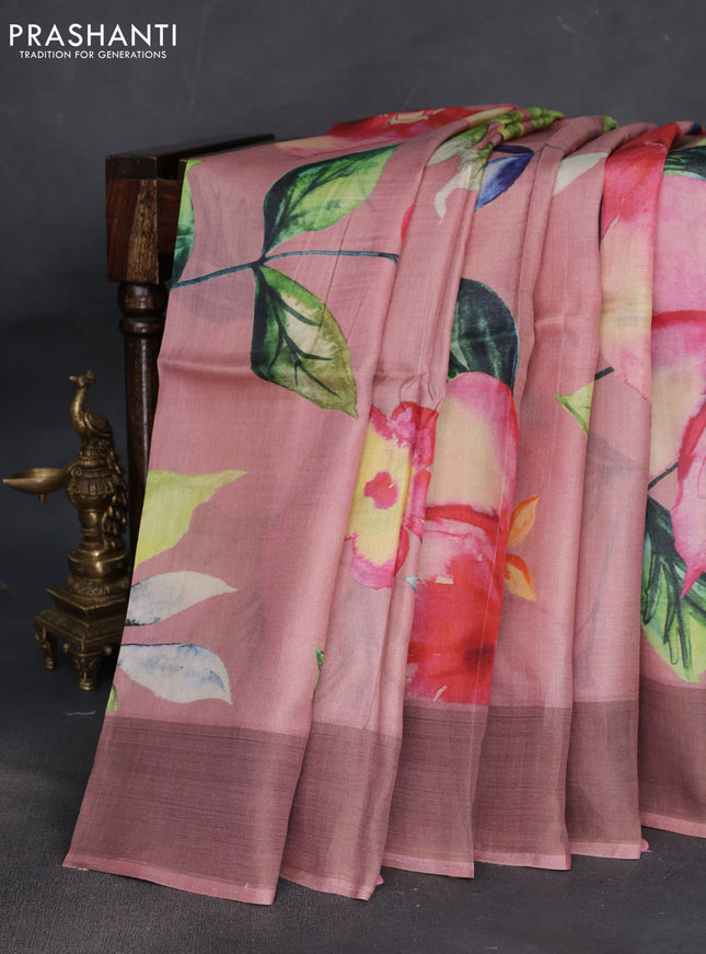 Pure tussar silk saree pastel pink with floral digital prints and zari woven border