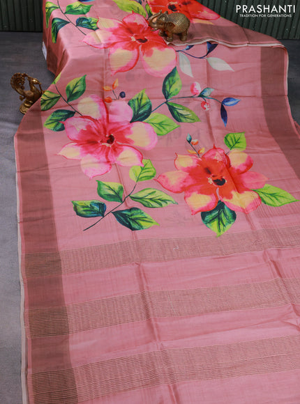 Pure tussar silk saree pastel pink with floral digital prints and zari woven border