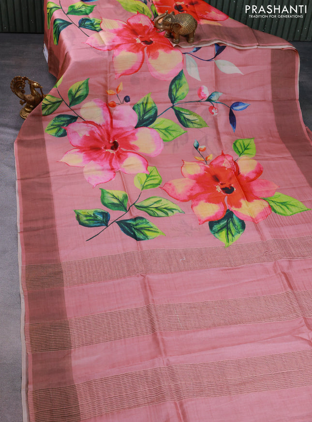 Pure tussar silk saree pastel pink with floral digital prints and zari woven border