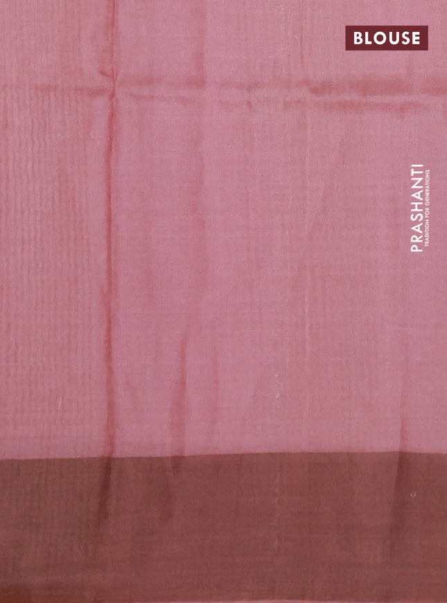 Pure tussar silk saree pastel pink with floral digital prints and zari woven border
