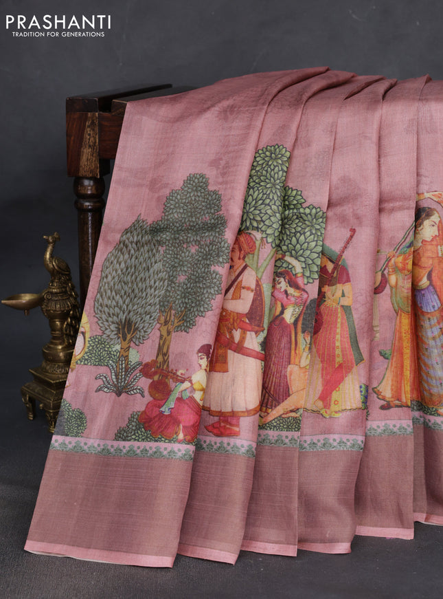 Pure tussar silk saree pastel pink with digital prints and zari woven border