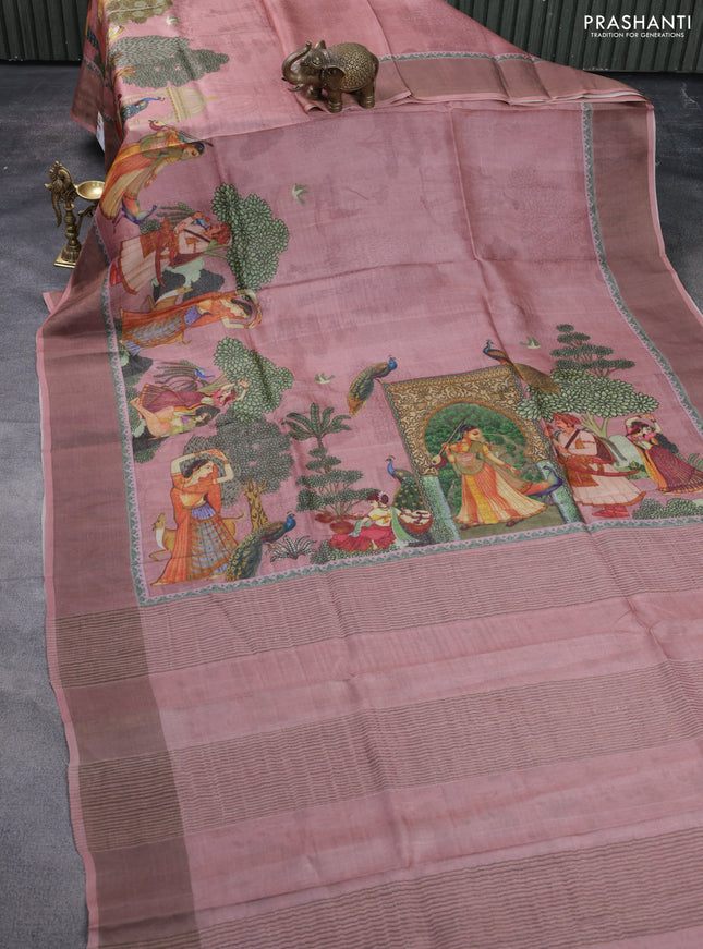 Pure tussar silk saree pastel pink with digital prints and zari woven border