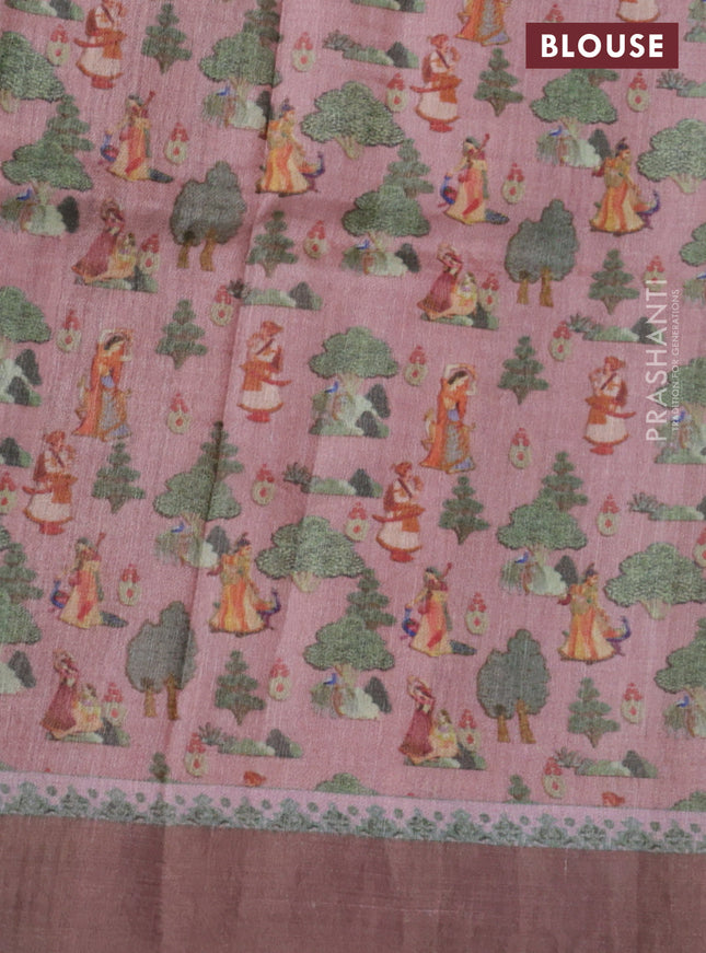 Pure tussar silk saree pastel pink with digital prints and zari woven border