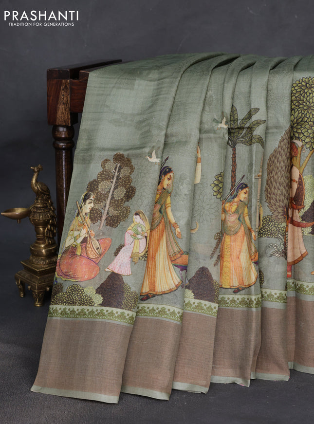 Pure tussar silk saree pastel green with digital prints and zari woven border