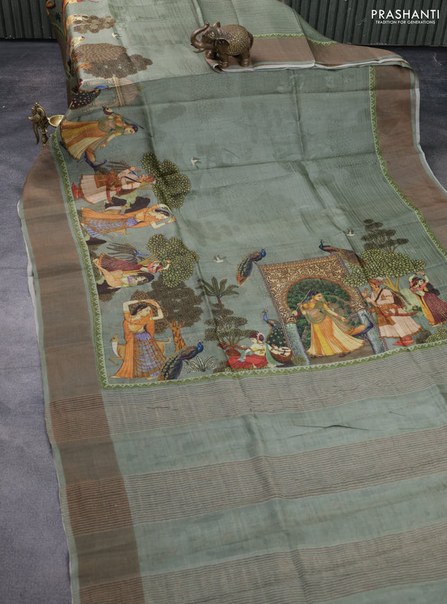Pure tussar silk saree pastel green with digital prints and zari woven border
