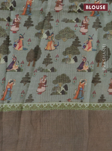 Pure tussar silk saree pastel green with digital prints and zari woven border