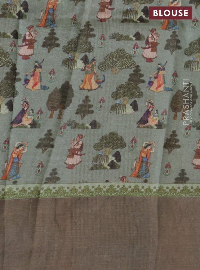 Pure tussar silk saree pastel green with digital prints and zari woven border