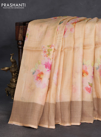 Pure tussar silk saree pale orange with floral digital prints and zari woven border