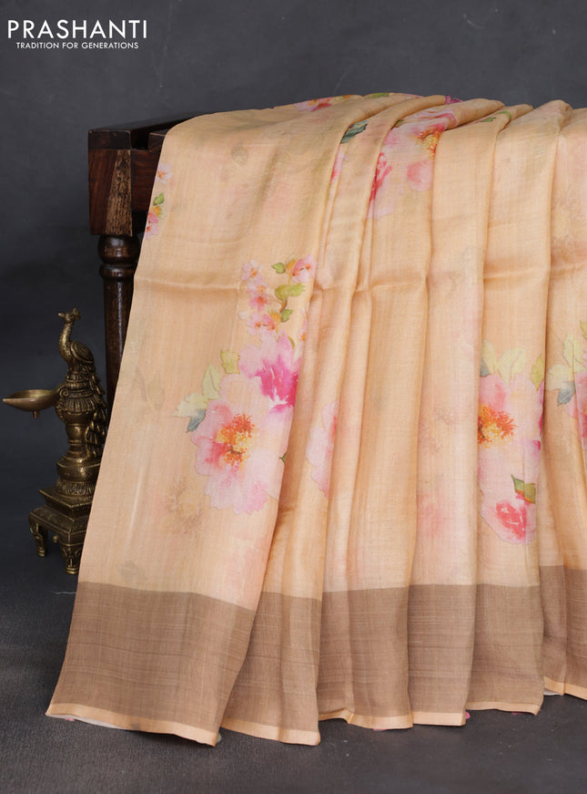 Pure tussar silk saree pale orange with floral digital prints and zari woven border