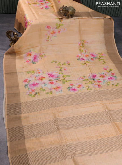 Pure tussar silk saree pale orange with floral digital prints and zari woven border