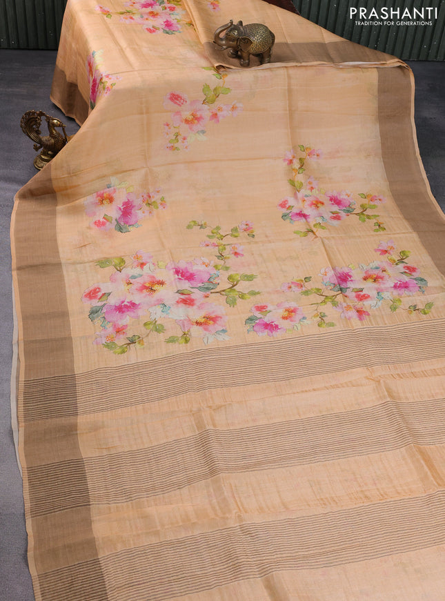 Pure tussar silk saree pale orange with floral digital prints and zari woven border
