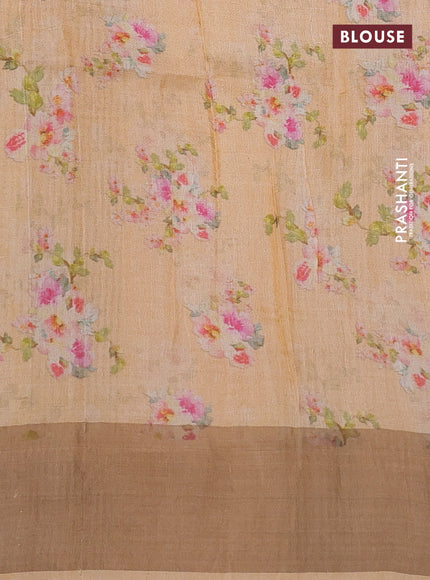 Pure tussar silk saree pale orange with floral digital prints and zari woven border