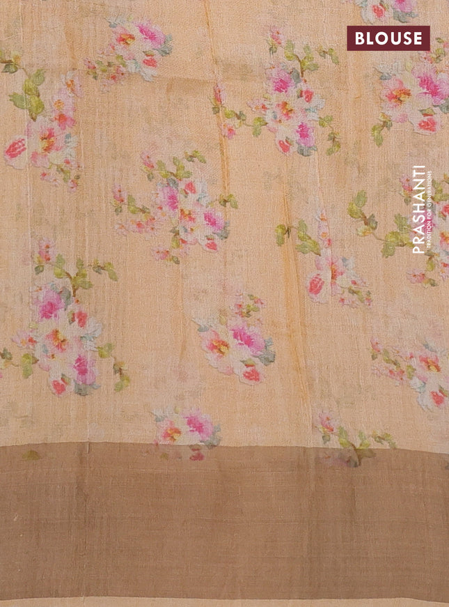 Pure tussar silk saree pale orange with floral digital prints and zari woven border