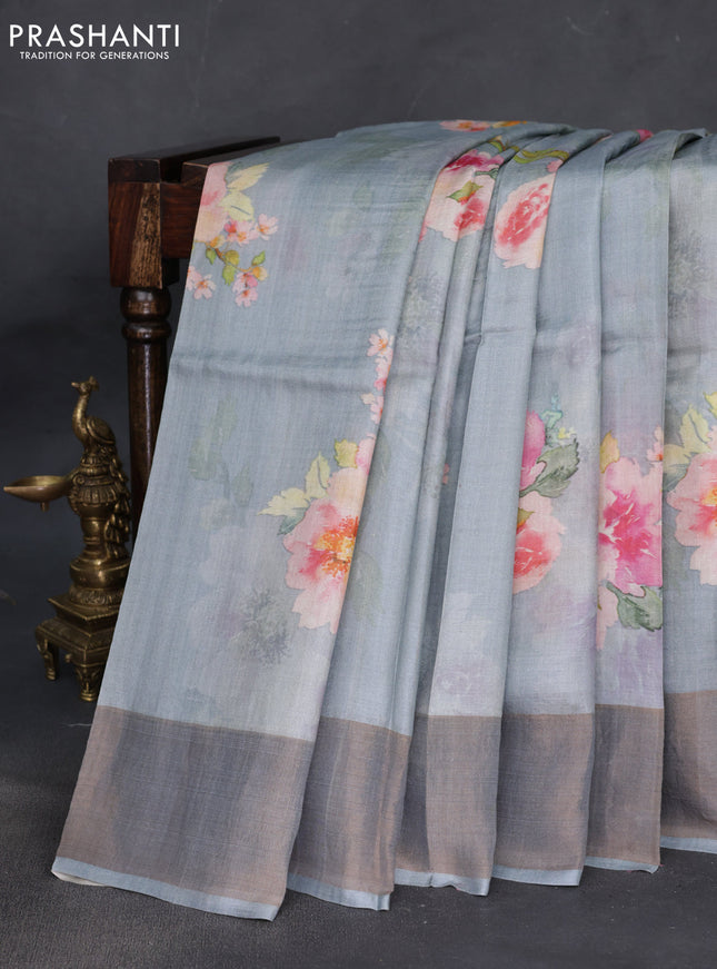 Pure tussar silk saree grey with floral digital prints and zari woven border