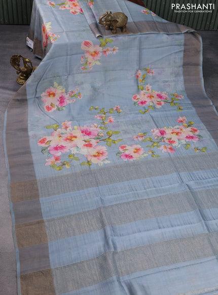 Pure tussar silk saree grey with floral digital prints and zari woven border