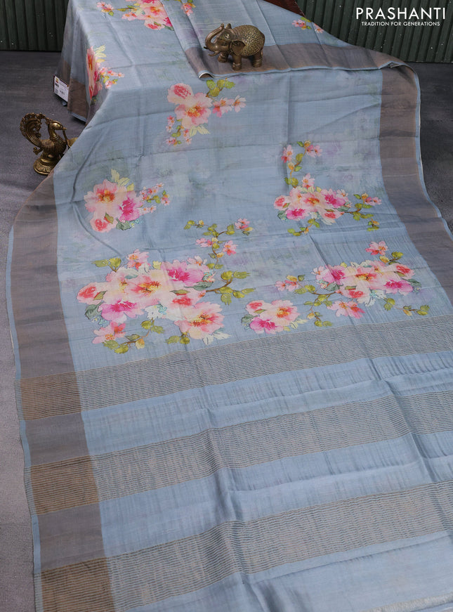 Pure tussar silk saree grey with floral digital prints and zari woven border