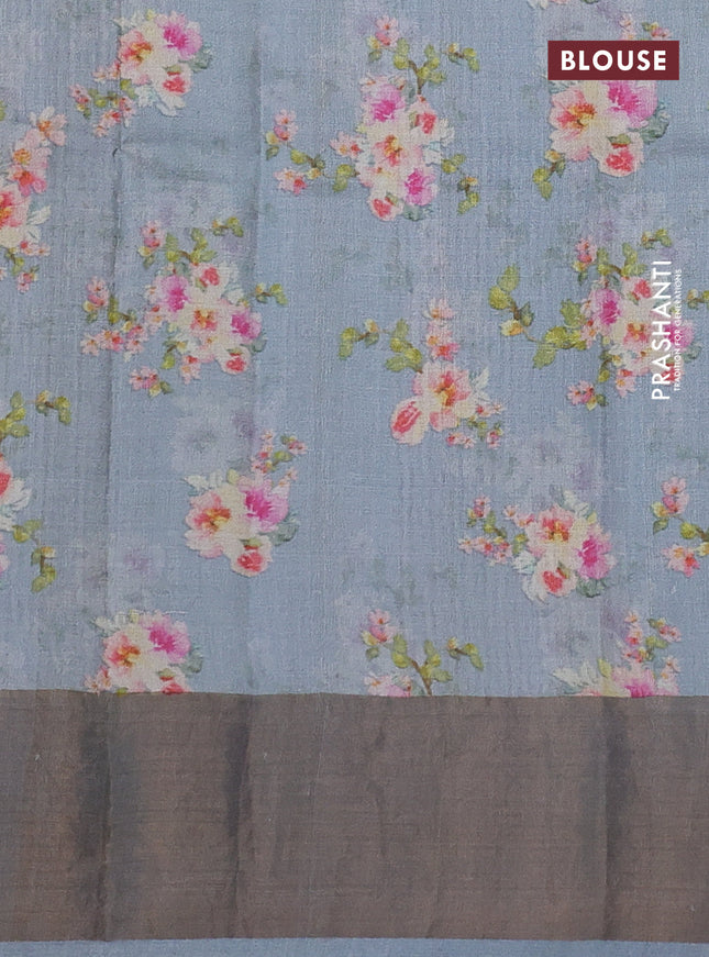 Pure tussar silk saree grey with floral digital prints and zari woven border