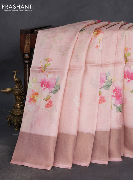 Pure tussar silk saree peach shade with floral digital prints and zari woven border
