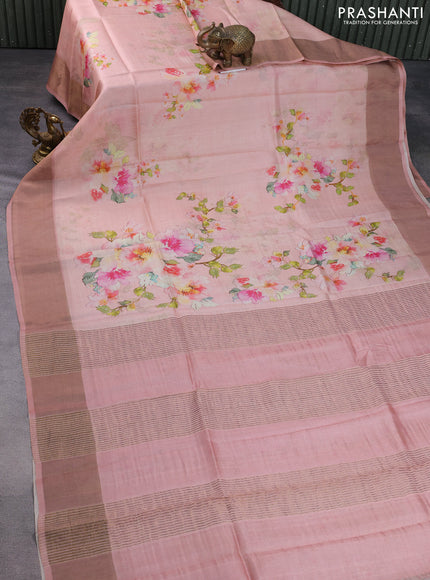 Pure tussar silk saree peach shade with floral digital prints and zari woven border
