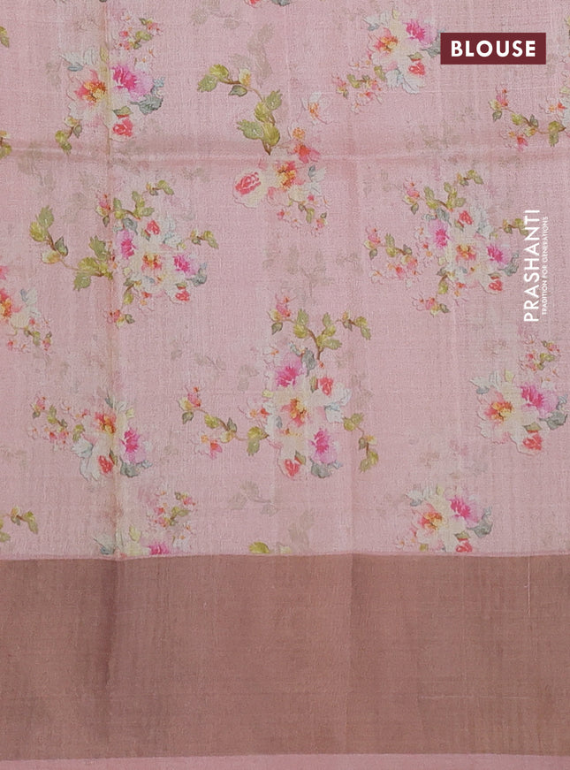 Pure tussar silk saree peach shade with floral digital prints and zari woven border