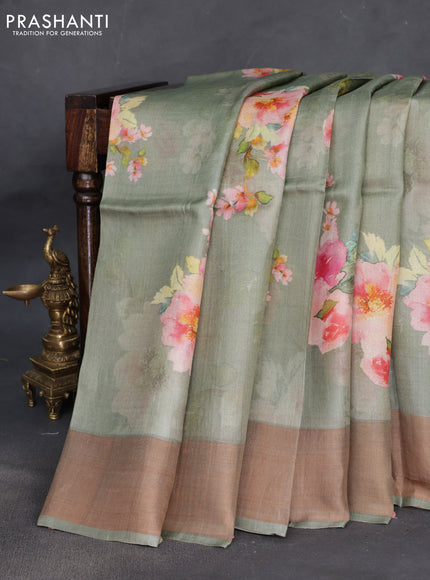 Pure tussar silk saree pastel green with floral digital prints and zari woven border
