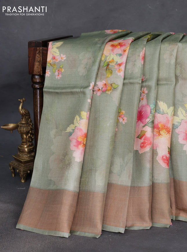 Pure tussar silk saree pastel green with floral digital prints and zari woven border