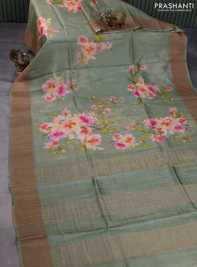 Pure tussar silk saree pastel green with floral digital prints and zari woven border