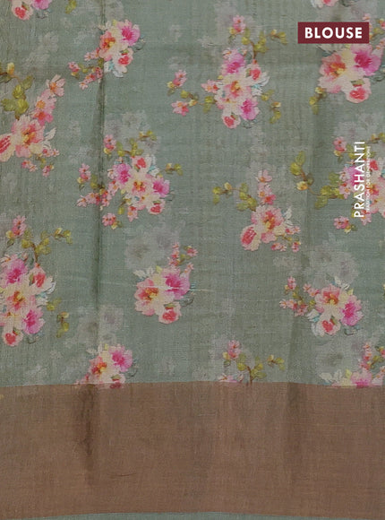 Pure tussar silk saree pastel green with floral digital prints and zari woven border