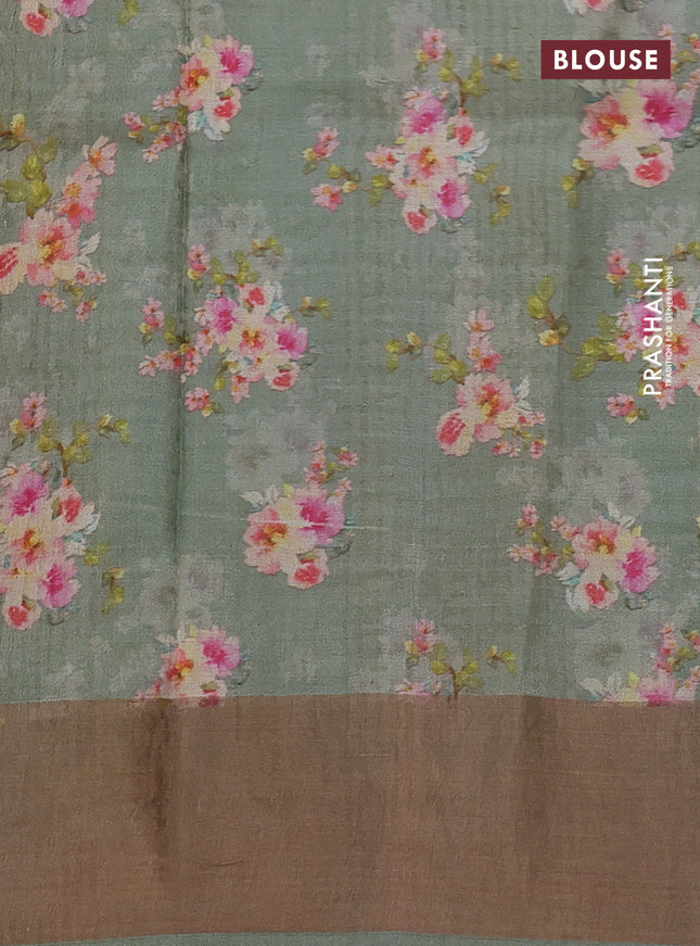 Pure tussar silk saree pastel green with floral digital prints and zari woven border