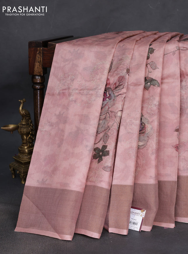 Pure tussar silk saree pastel pink with floral digital prints and zari woven border