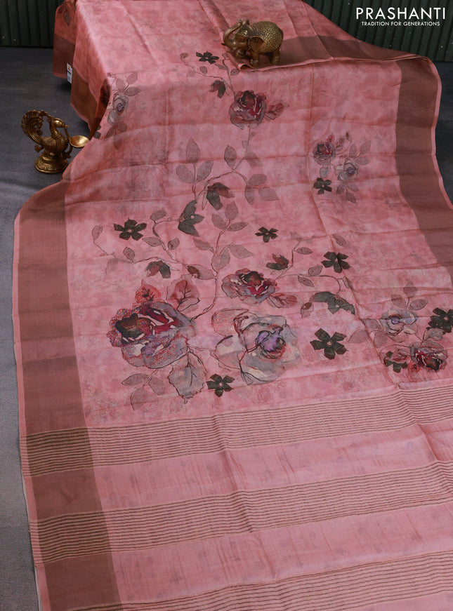 Pure tussar silk saree pastel pink with floral digital prints and zari woven border