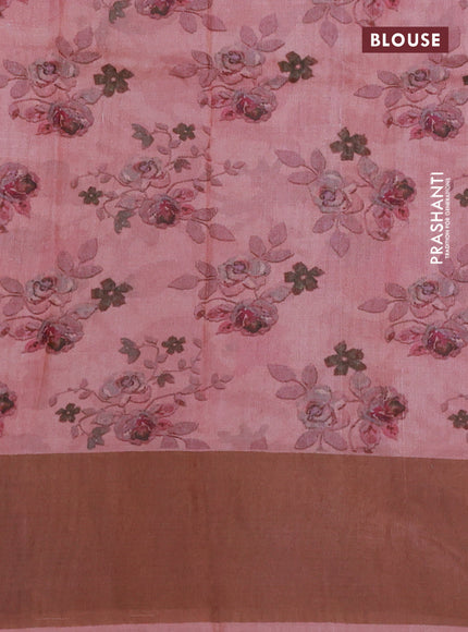 Pure tussar silk saree pastel pink with floral digital prints and zari woven border