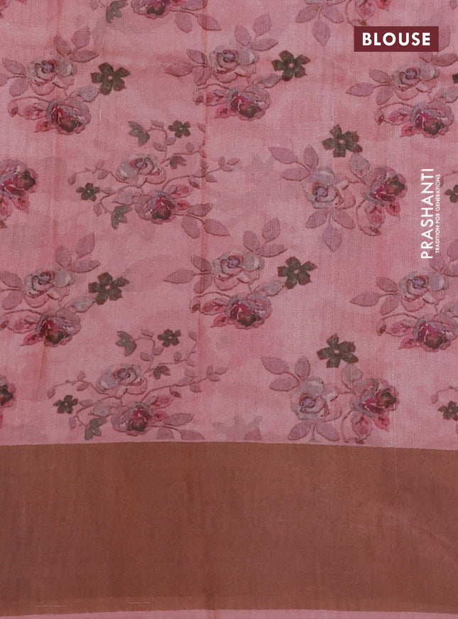 Pure tussar silk saree pastel pink with floral digital prints and zari woven border