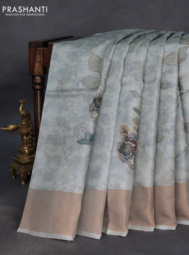 Pure tussar silk saree grey with floral digital prints and zari woven border