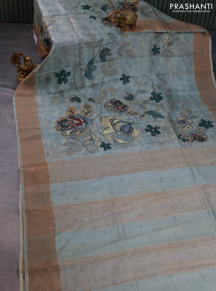 Pure tussar silk saree grey with floral digital prints and zari woven border