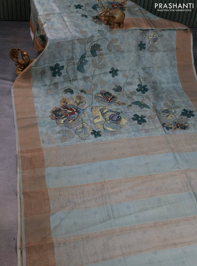 Pure tussar silk saree grey with floral digital prints and zari woven border