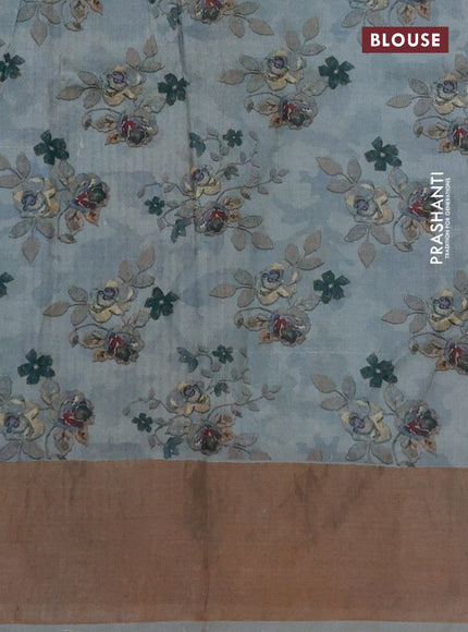 Pure tussar silk saree grey with floral digital prints and zari woven border