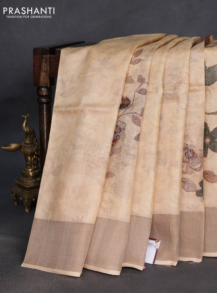 Pure tussar silk saree sandal with floral digital prints and zari woven border