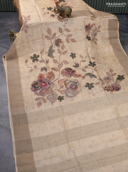 Pure tussar silk saree sandal with floral digital prints and zari woven border