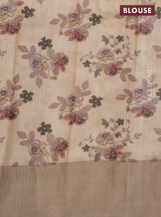 Pure tussar silk saree sandal with floral digital prints and zari woven border