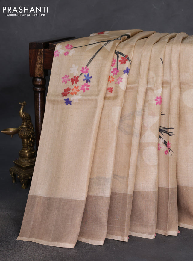 Pure tussar silk saree sandal with floral digital prints and zari woven border