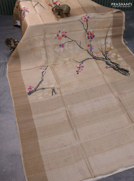 Pure tussar silk saree sandal with floral digital prints and zari woven border