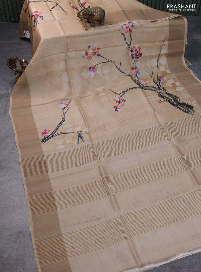 Pure tussar silk saree sandal with floral digital prints and zari woven border